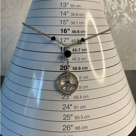 Peace Symbol Pendant Necklace With Adjustable Chain & Black Bead Accents - Picture 2 of 4